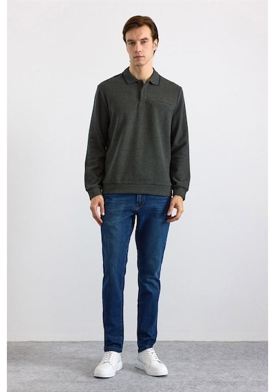 Süvari Haki Regular Düz Polo Yaka Sweatshirt Ssw2013700002-yh1
