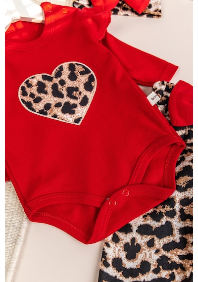 Babymod Leopar Desenli 3'lü Pamuklu Kız Bebek Takım Set Kırmızı