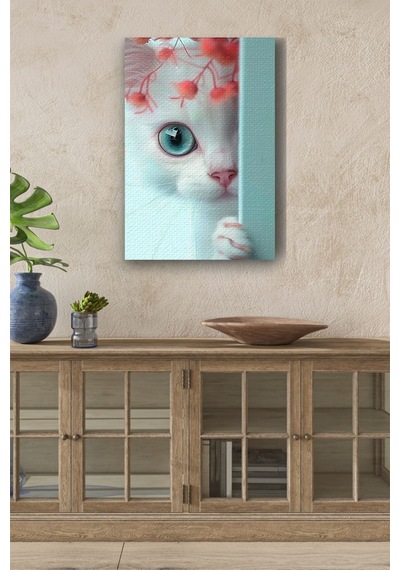 Duvar Arkasında Beyaz Kedi Yağlı Kanvas Tablo