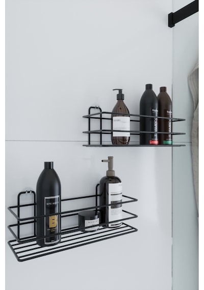 Paslanmaz Yapışkanlı 2 Li Set Banyo Rafı Duş Şampuanlık Duvar Düzenleyici Organizer Banyo Seti Siyah