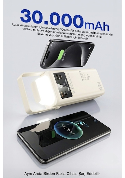 30.000 Mah Outdoor Led Işıklı Hızlı Şarj Powerbank Usb-c & Çoklu Cihaz Desteği Beyaz