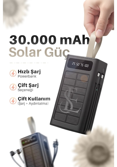 Ape Solar 30.000 Mah Güneş Enerjili Led Işıklı Powerbank Şarj Aleti 2x Usb Çıkışlı Mikro Type-c