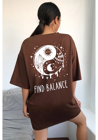 Unisex Yin & Yang Baskılı T-shirt Kahverengi