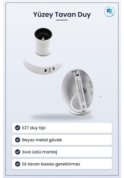 E27 Yüzey Tavan Duy Metal Beyaz Sıva Üstü Montaj Ampul Duyu Banyo