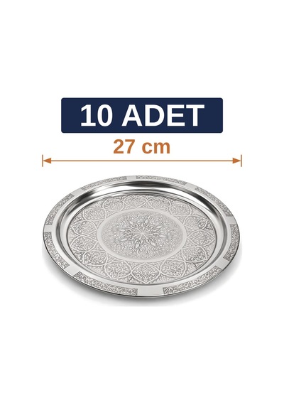 Binbir Trend 27 Cm Otantik Desenli Krom Çelik Kebap, Izgara, Meze Ve Servis Tabağı 10 Adet