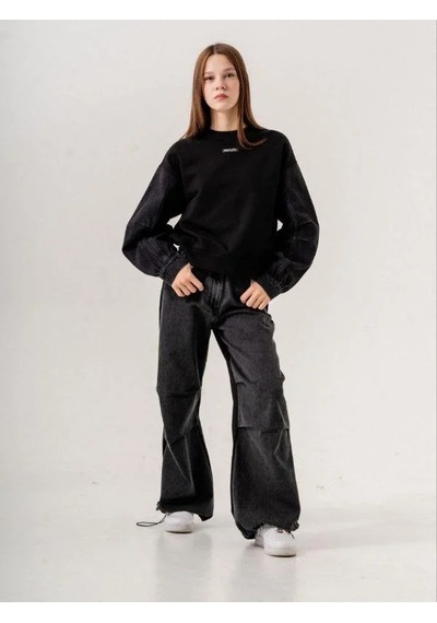 Kız Çocuk Mevsimlik Denim Kol 3 İplik Sweatshirt-14774 Siyah Kız Çocuk Mevsimlik Denim Kol 3 İplik Sweatshirt-14774 Siyah