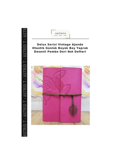 Delux Serisi Vintage Ajanda Otantik Günlük Büyük Boy Yaprak Desenli Pembe Deri Not Defteri Çok Renkli