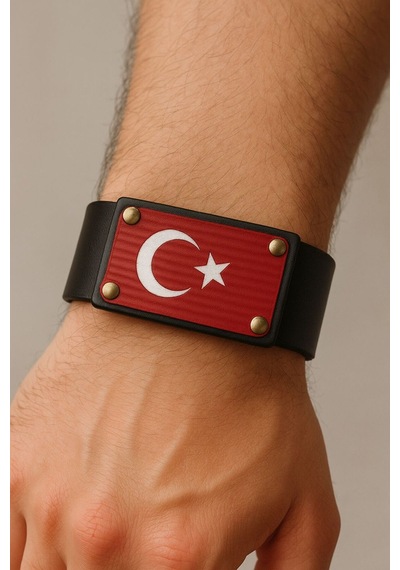 Türk Bayraklı Siyah Kırmızı Deri Bileklik 3 Çıtçıtlı Unisex Tasarım Hakiki Deri Modern Stil Antrasit