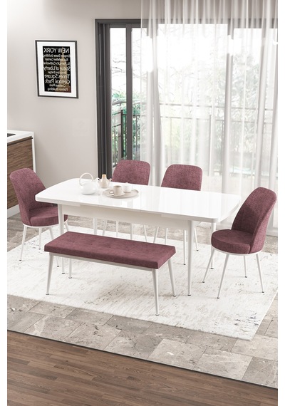 Canisa Concept Zen Serisi 80x132 Mdf Açılabilir Beyaz Masa Takımı 4 Gül Kurusu Sandalye Ve 1 Bench Masa Beyaz Sandalye Ve Bench Gülkurusu