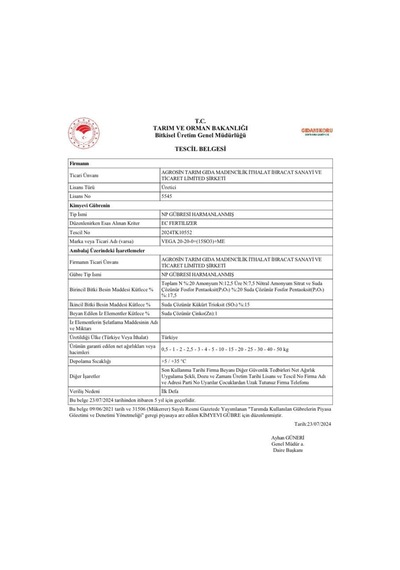 Agrosin Vega 20.20.0+(15SO3)+ME Çinkolu NP Granül Taban Gübresi 50 kg -