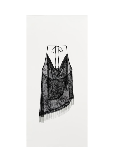 Lilly Noir Fringe Zincir Püsküllü Asimetrik Siyah Dantel Bluz Siyah Siyah