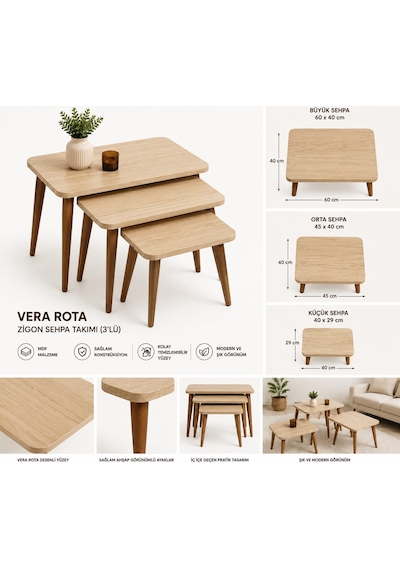 Vera Rota 3'lü Zigon Sehpa Altın - Sarı