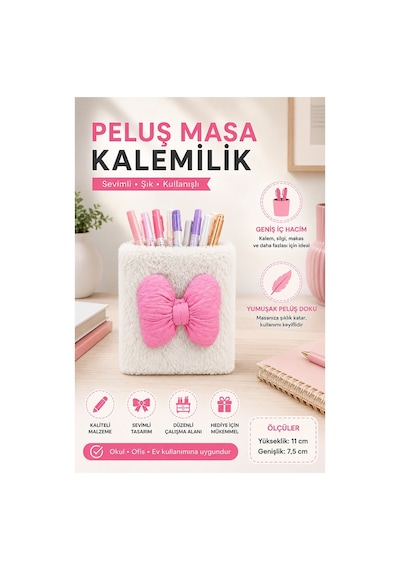 Masaüstü Peluş Kalemlik Organizer 1 Adet Pp-283 Renkli Masa Üstü Kalemlik Düzenleyici Plastik Ofis Büro Ev Çalışma Masası Pembe