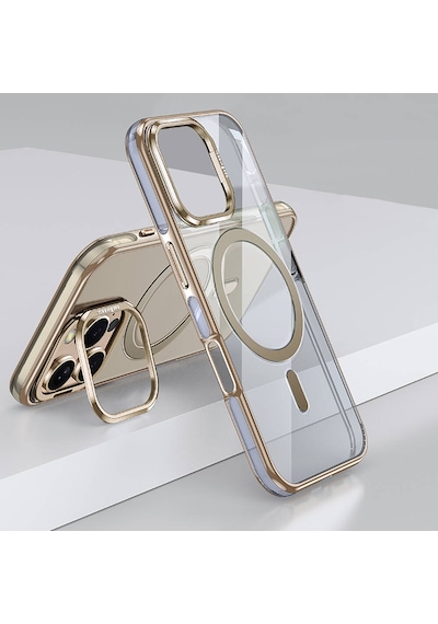 Apple iPhone 16 Pro Uyumlu Kılıf Magsafe Şarj Özellikli Wlons Standlı Efsane Kapak Titanyum-gold