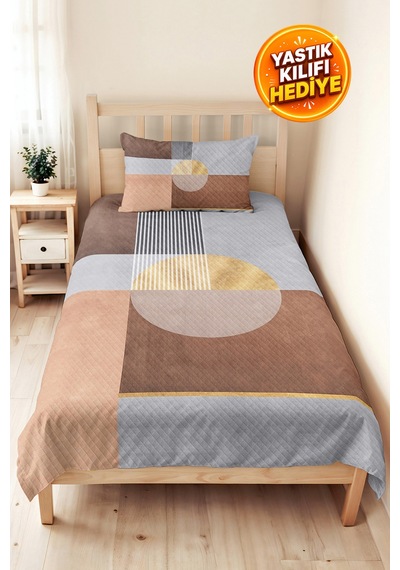 Geometrik Gri Genç Odası Tek Kişilik Pike Takımı - Modern Vizon Bej 160x220 Cm Kapitone Yatak Örtüsü Kırık Perde Kırığı