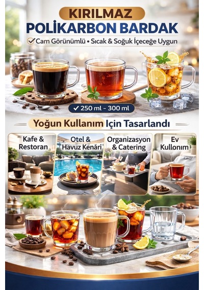 Polikarbon Kırılmaz Kulplu Bardak 300 Ml Cam Görünümlü Çay Kahve Bardağı Sıcak Soğuk Uyumlu Şeffaf