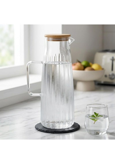 Bambu Kapaklı Borosilikat Cam Yağdanlık Ve Sürahi, Çok Amaçlı İçecek Ve Sıvı Gıda Saklama 1000ml 11x26cm
