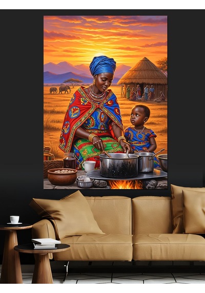 Ahşap Tablo Afrikalı Kadın Yemek Yapıyor