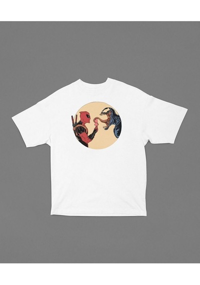 Deadpool X Venom Baskılı Unisex Tişört, Oversize Marvel Film Kara Beyaz