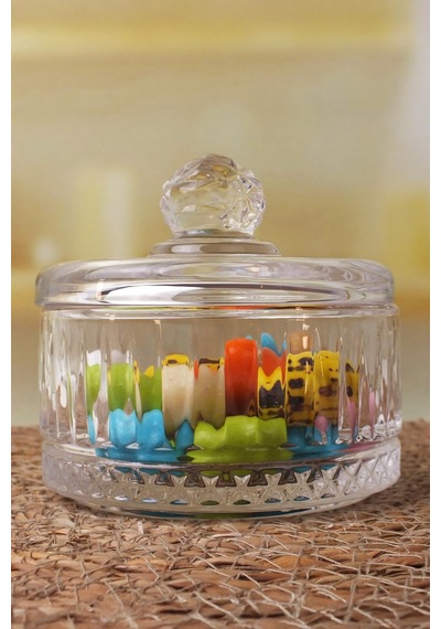Lüx Kristal Kapaklı Cam Şekerlik & Cam Lokumluk, Kesme Cam Lüx Şekerlik 10cm 10.5cm - 4 Model 06646 Çok Renkli
