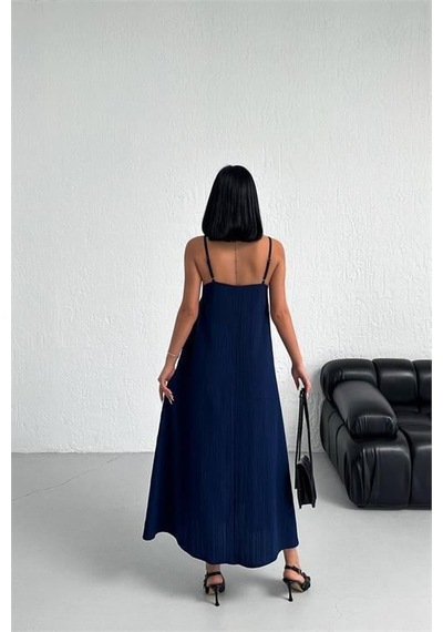 Dip Moda Kadın Lacivert Askılı İçi Astarlı Kaş Keten Elbise Dpmnbg017 Lacivert