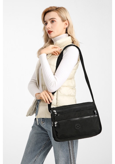 Smart Bags Çok Cepli Günlük Orta Boy Su Geçirmez Krınkıl Kumaş Kadın Omuz Çantası Puantiye Siyah