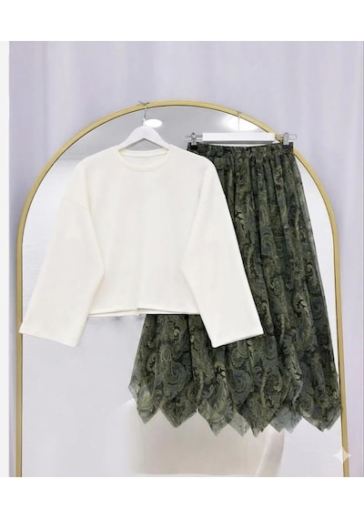 Lovie Moda Basic Bluz Asimetrik Kesim Astarlı Şifon Etekli Takım Beyaz-haki