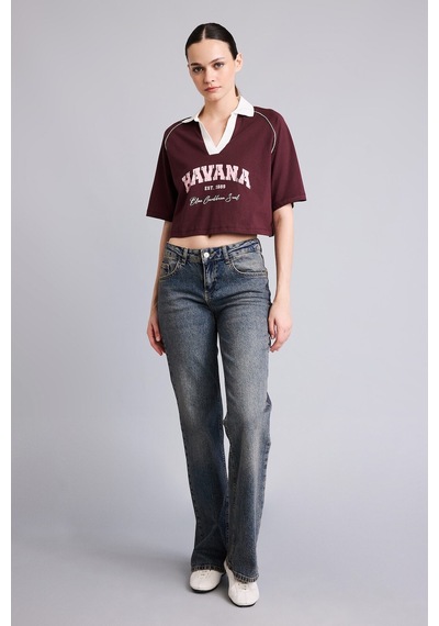Defacto %100 Pamuk Oversize Kontrast Polo Yaka Baskılı Crop Tişört I6806ax26aubr2 Bordo-br2