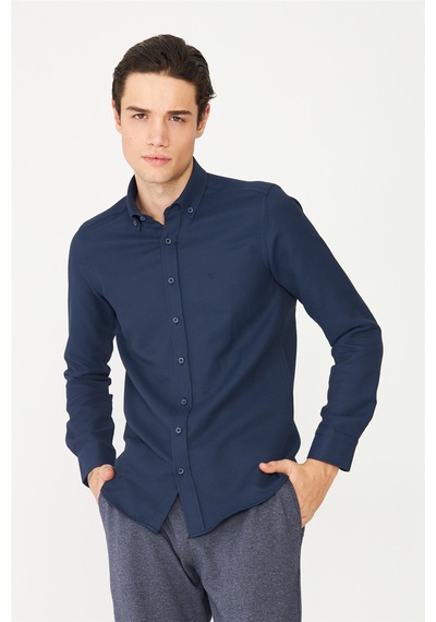 Lacivert Düğmeli Yaka Uzun Kollu Gömlek Slim Fit Laci