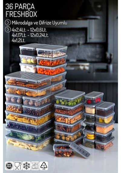 36 Parçalı Set Freshbox Mikrodalga Ve Difrize Uygun Saklama Kabı Seti Gri