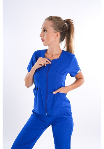 Saks Mavi Lily Model Fermuarlı Soft Likra Doktor Hemşire Üniforma 001