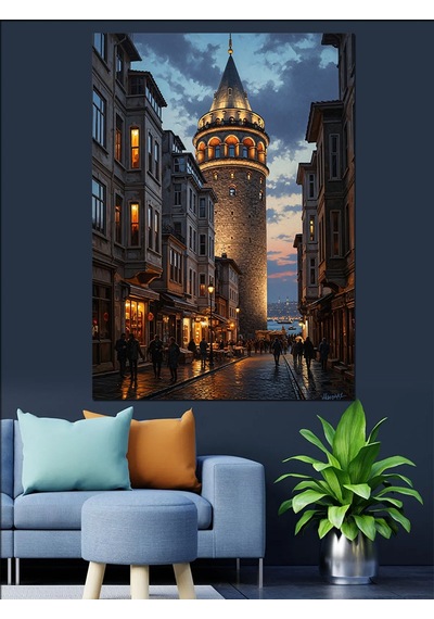 Ahşap Tablo Gece Galata Kulesi Sokağı