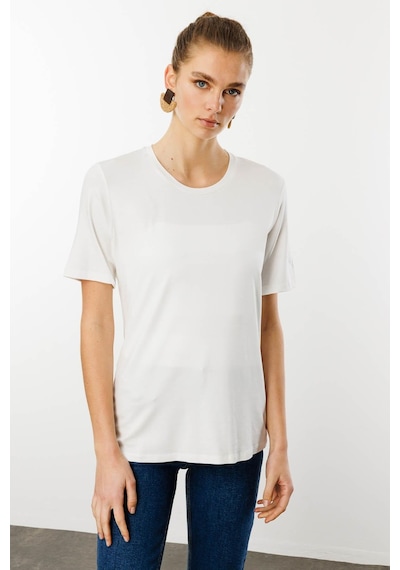 Kadın Sıfır Yaka Basic Penye T-shirt Ekru Ekru