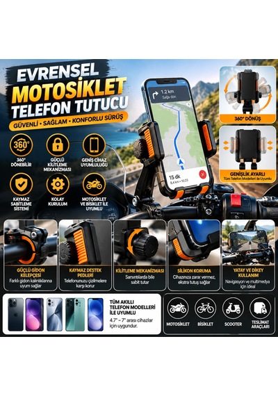 Evrensel Motosiklet Telefon Tutucu Kaymaz, Kilitlenebilir Güvenli Tutuşlu, 360 Ayarlanabilir Gidon Bağlantılı -