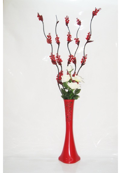 60 Cm Kırmızı Vazo Kırmızı 5 Adet Üzüm Çiçek Beyaz Gül