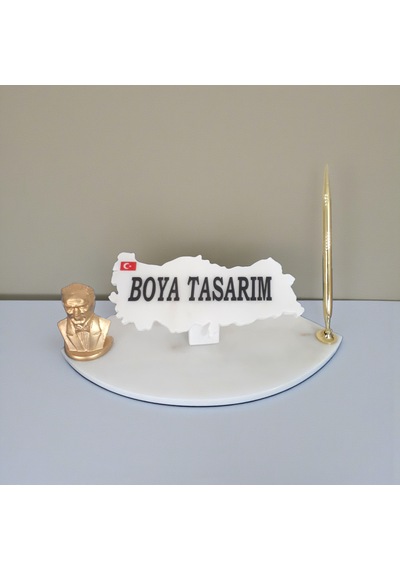 Doğal Beyaz Mermer Masa Ofis İsimlik Kalem Ve Atatürk'lü