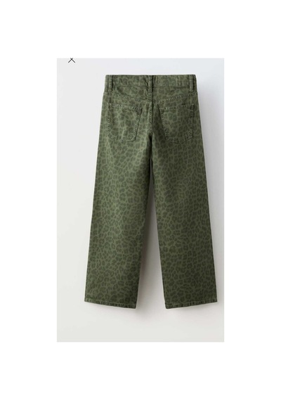 Uğur Bebe Kız Çocuk Geniş Paça Yeşil Leopar Kot Kanvas Pantolon Beli Ayarlamalı Yeşil Leopar Yeşil Leopar