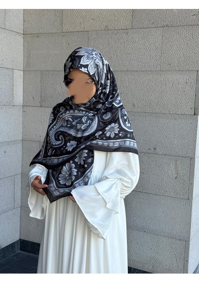 Qalortex Scarf Pamuklu Vintage Desen Eşarp-siyah/gri Siyah-Gri