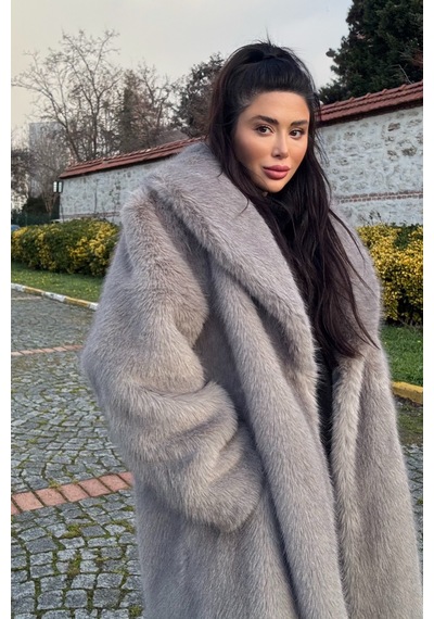 Açelyaokcu Premium Şal Yaka Mob Wife Suni Kürk Maxi Kadın Kaban Gri
