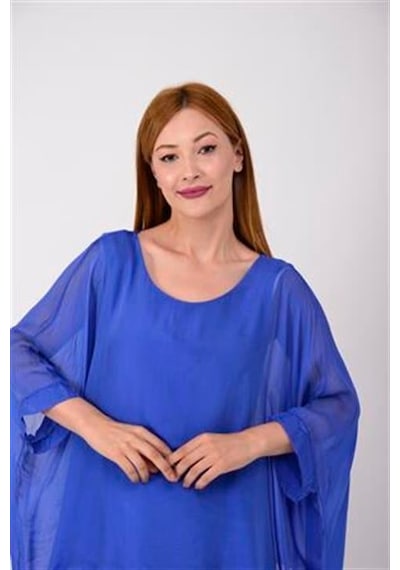 Bohem Stil İtalyan Yarasa Kollu İpek Bluz Saks Mavi