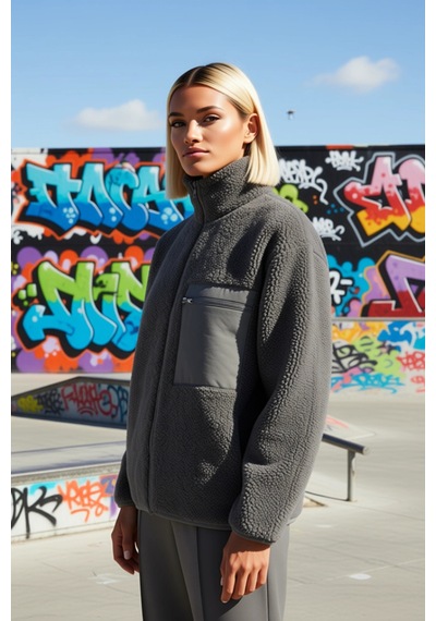 Benerly Kadın Dik Yaka Düşük Kol Tam Fermuarlı Peluş Sweatshirt Fonksiyon Antrasit