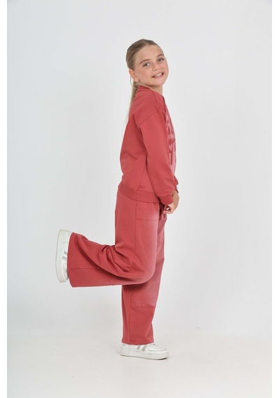 Toontoy Kids Toontoy Kız Çocuk 2'li Takım Eskitme Baskılı Bisiklet Yaka Sweatshirt & Beli Lastikli Cepli Bol Paça Eşofman Altı - 2 İplik Kiremit