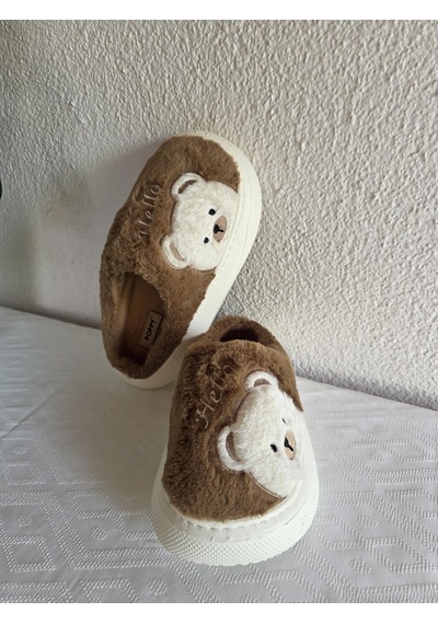 Kadın Ayıcık Desenli Rahat Peluş Ev Terliği 25bnt132 Camel