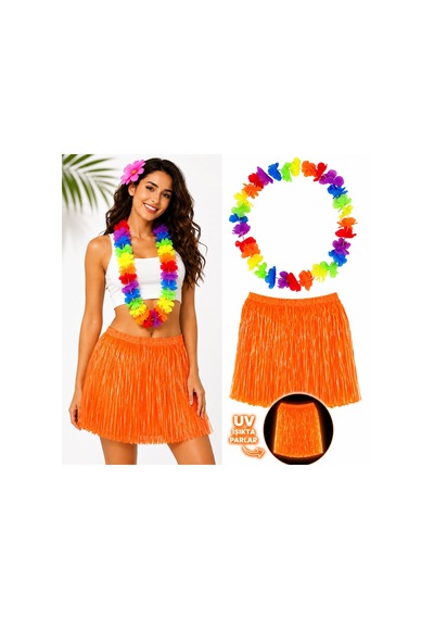 Turuncu Hawaii Etek 40 Cm Ve Rengarenk Hawaii Kolye Çok Renkli