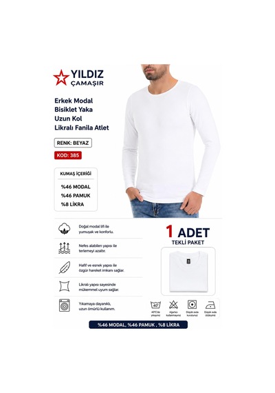 Yıldız Çamaşır Erkek Modal Bisiklet Yaka Uzun Kol Likralı Fanila Atlet 385-386-387 - 1 Adet Beyaz Yıldız Çamaşır Erkek Modal Bisiklet Yaka Uzun Kol Likralı Fanila Atlet 385-386-387 - 1 Adet Beyaz