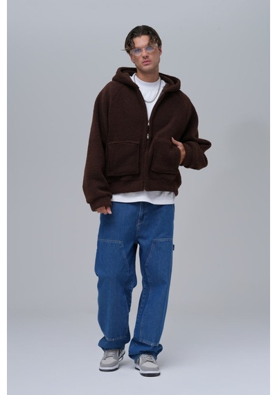 Düz Fermuarlı Cepli Kapüşonlu Unisex %100 Pamuk Sweatshirt Kahverengi