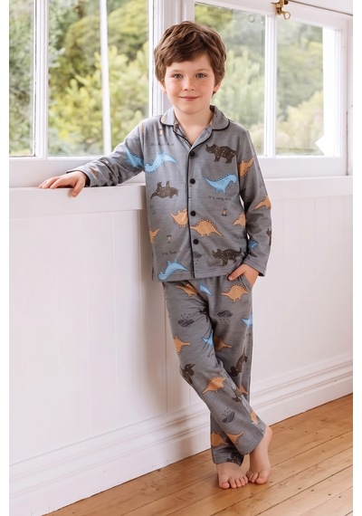 Fullamoda Dinozor Desenli Düğmeli Erkek Çocuk 2 Li Pijama Takımı Füme