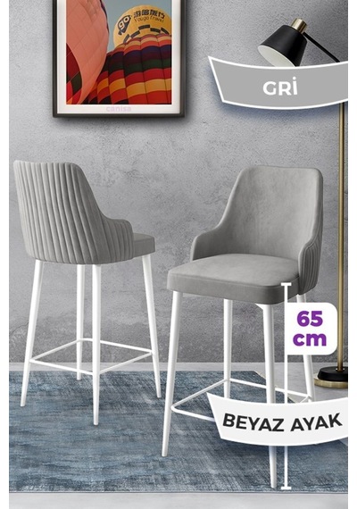 Canisa Tera Serisi 2 Gri Sandalye 65 Cm Ada Mutfak Bar Sandalyesi Babyface Kumaş Beyaz Metal Ayaklı Sandalyeler Gri Ayaklar Beyaz