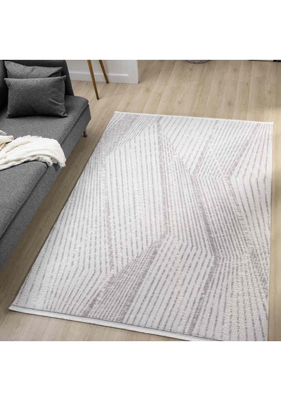 Açık Gri Beyaz Kabartmalı Zikzak Çizgili Halı - Dk0558gl
