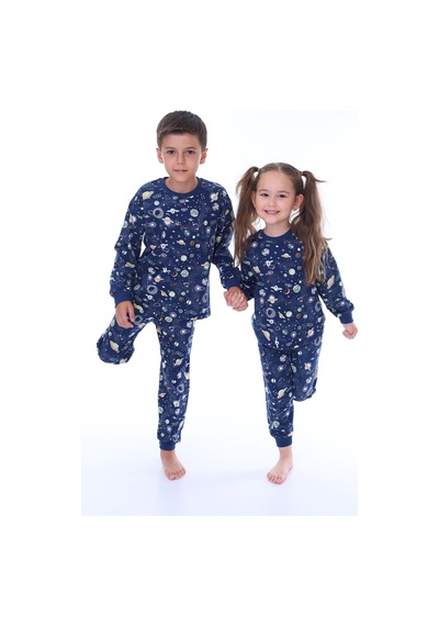Zuzunga Astronot Temalı Pamuk Unisex Çocuk Pijama Takımı Lacivert2 Lacivert